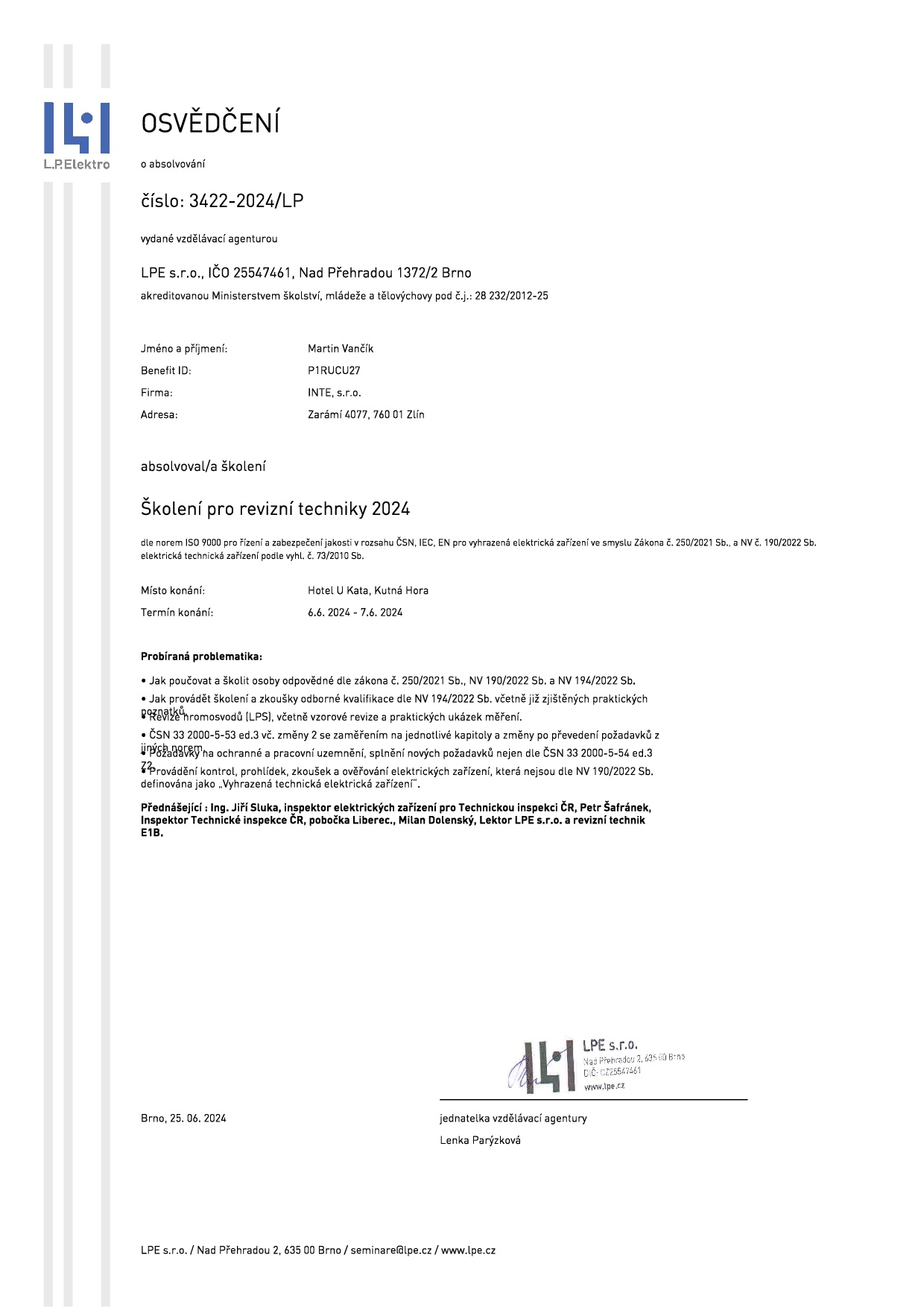 Osvědčení LPE s.r.o._školení pro revizní techniky_Kutná Hora_06.2024